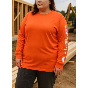 Carhartt Womens T-Shirt 2X Plus Loose Fit Long Sleeve Logo Tee Orange Workwear